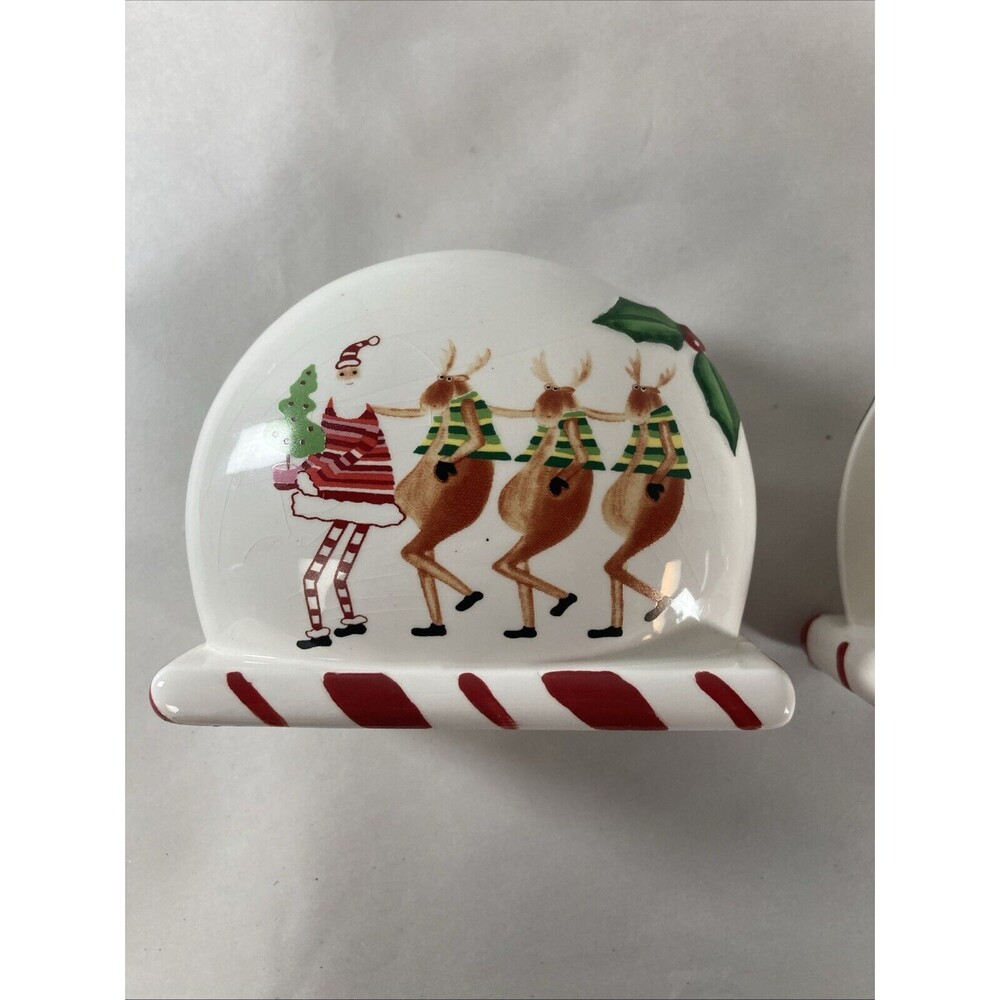 Collections Santa Reindeer Napkin Holder Set Of 2 Holly Tree Candy Cane Vintage - Picture 10 of 11